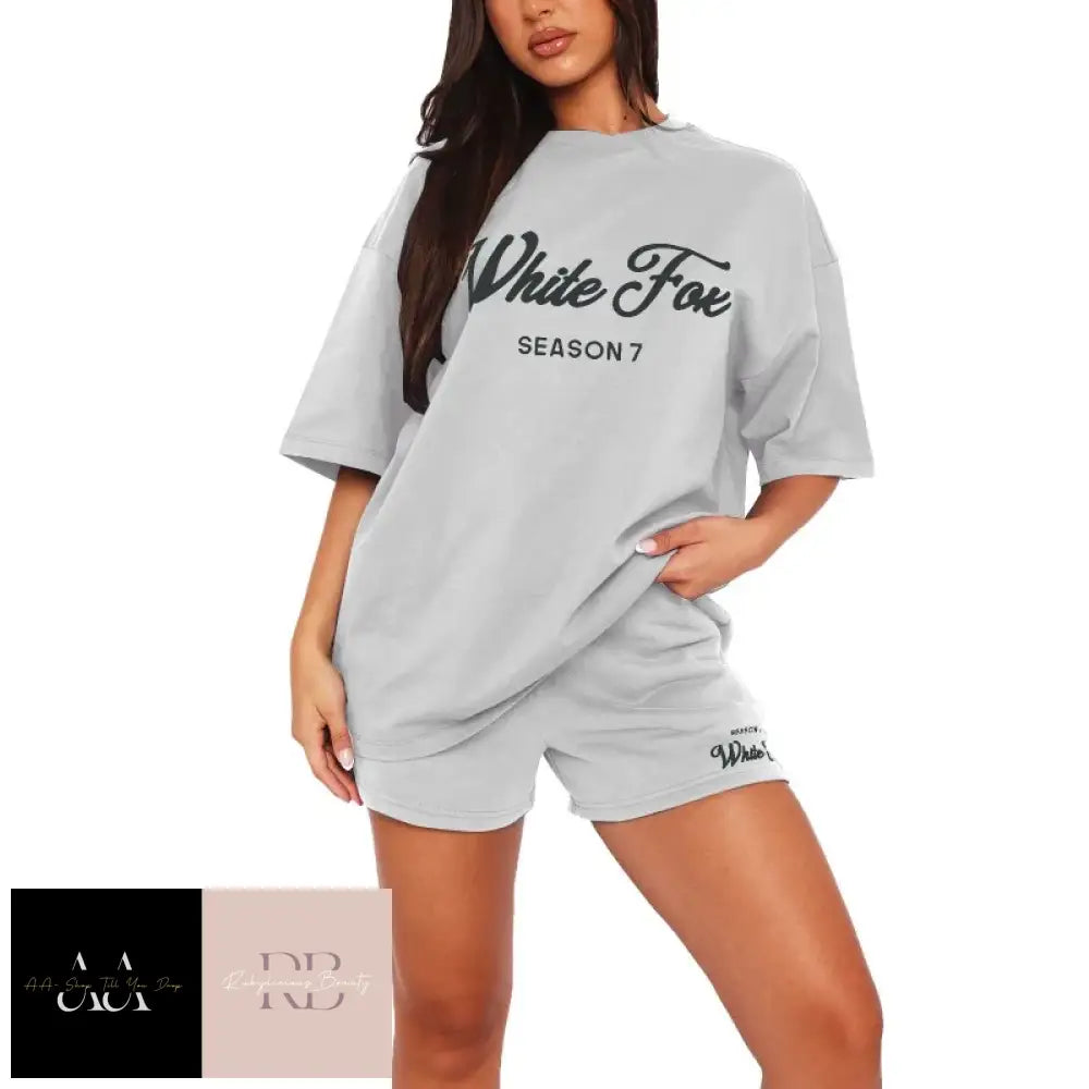 White Fox - Letter Printed Women Short Sleeved T Shirt Two-Piece Set Light Gray With Black Text