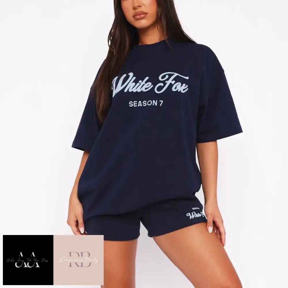 White Fox - Letter Printed Women Short Sleeved T Shirt Two-Piece Set Navy Blue With Light Text