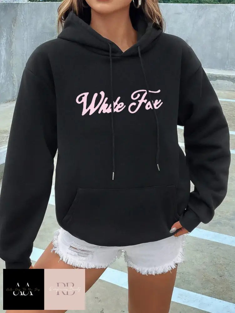 White Fox Print Hoodie - Black With Light Pink Text