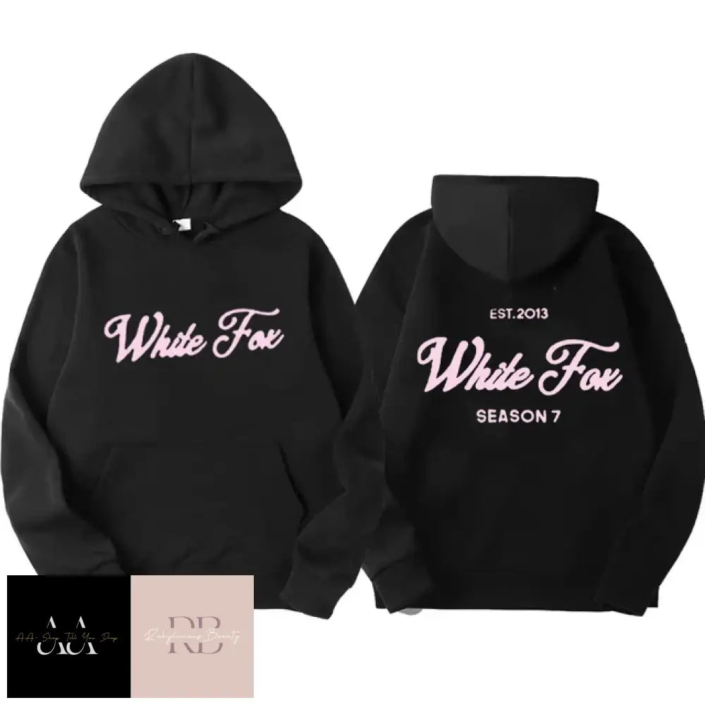 White Fox Print Hoodie - Black With Light Pink Text