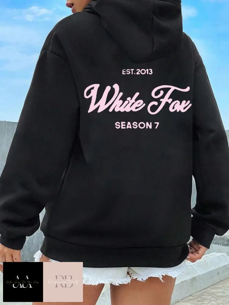 White Fox Print Hoodie - Black With Light Pink Text