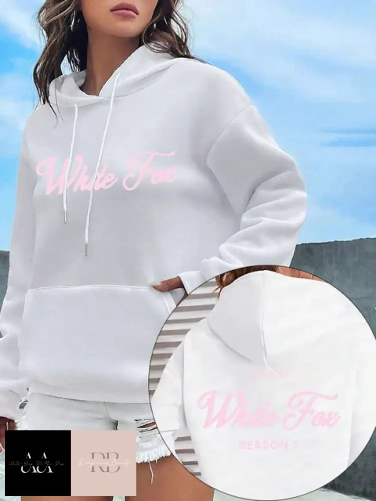 White Fox Print Hoodie - With Light Pink Text