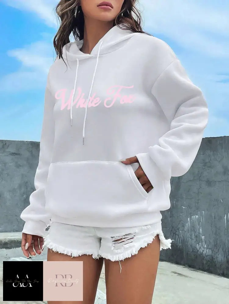 White Fox Print Hoodie - With Light Pink Text