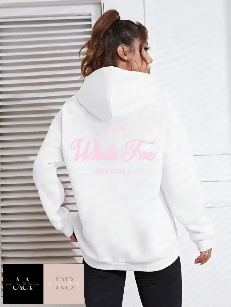 White Fox Print Hoodie - With Light Pink Text