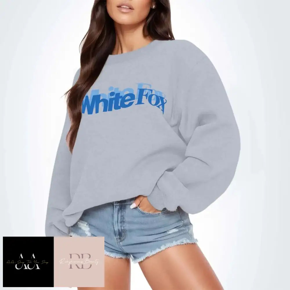 White Fox Women’s Jumper- Blue Text Light Grey Jumper