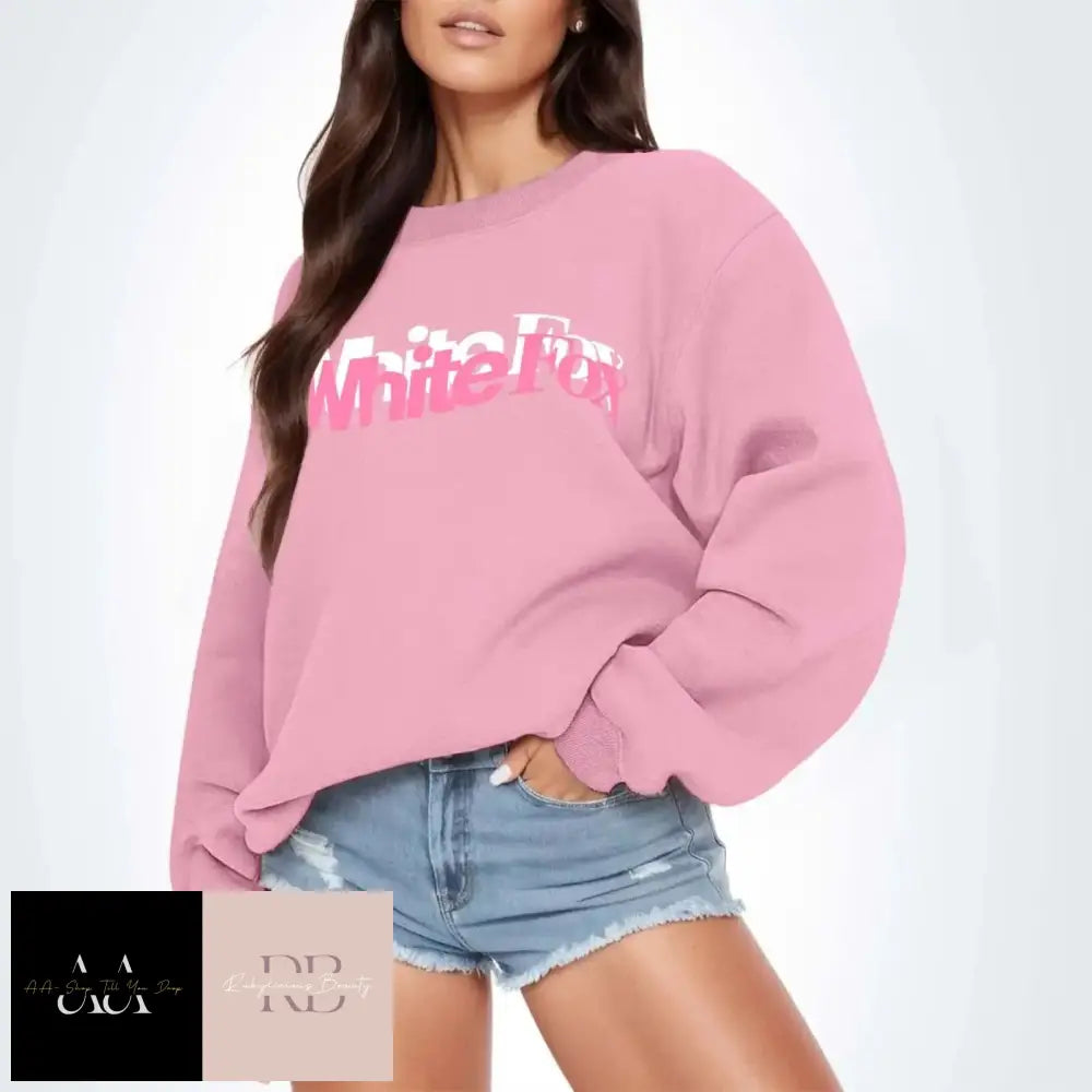 White Fox Women’s Jumper- Pink/White Text Pink Jumper