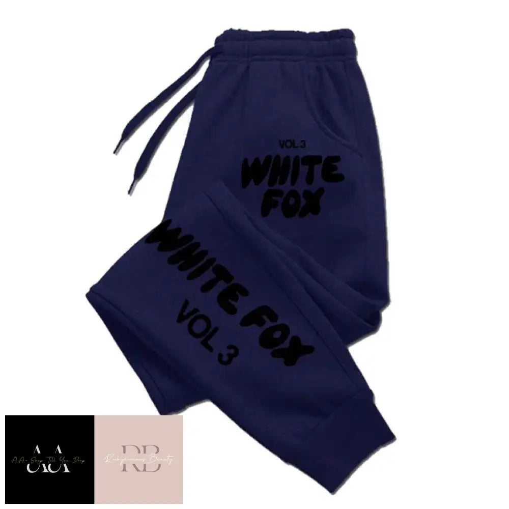 White Fox Women’s Tracksuit Bottoms- Black Text Navy Blue Bottoms