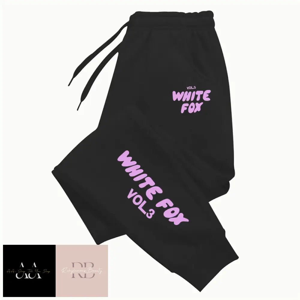 White Fox Women’s Tracksuit Bottoms- Purple Text Black Bottoms