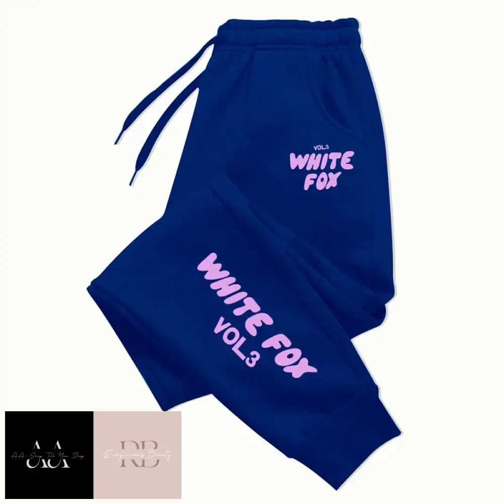 White Fox Women’s Tracksuit Bottoms- Purple Text Blue Bottoms