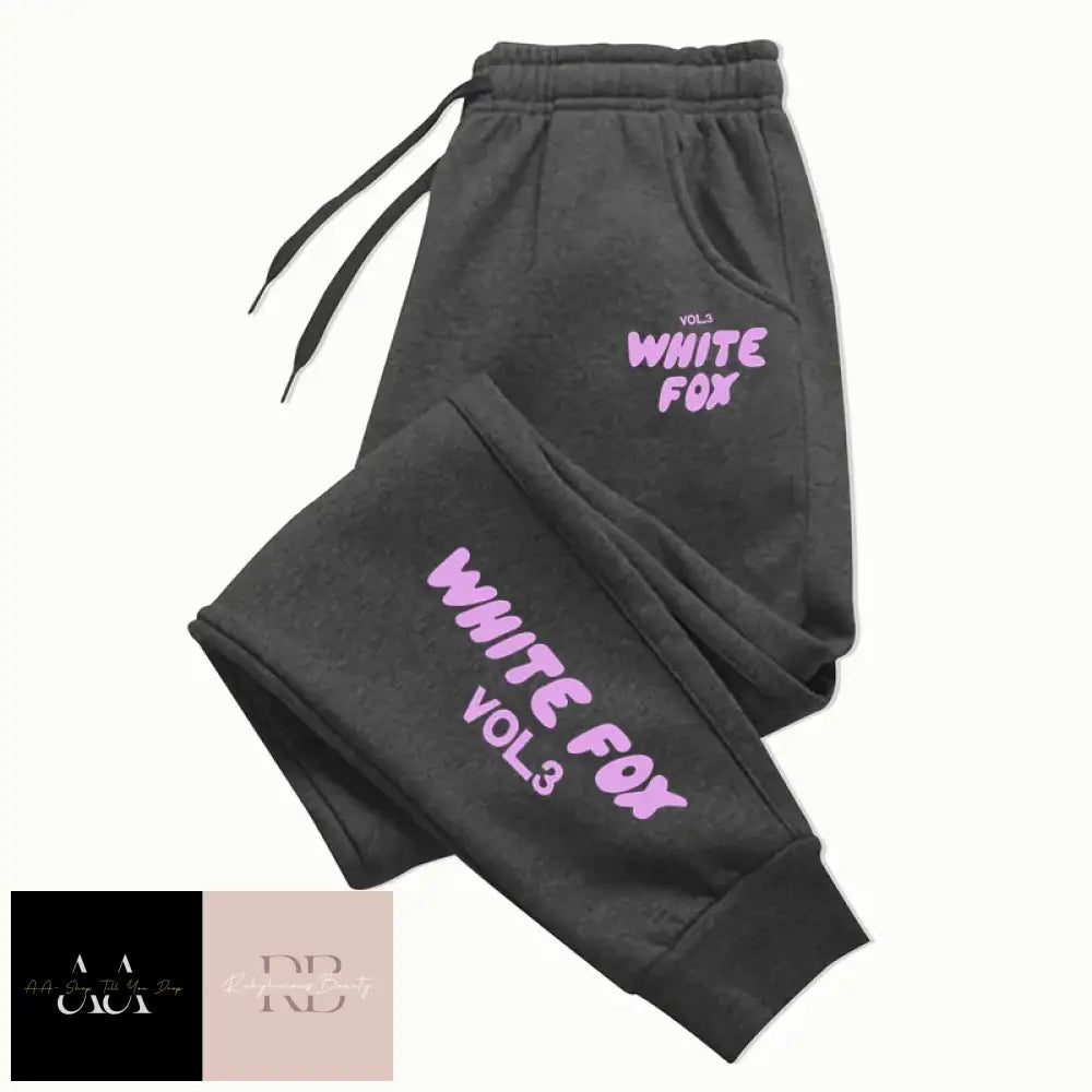 White Fox Women’s Tracksuit Bottoms- Purple Text Dark Grey Bottoms