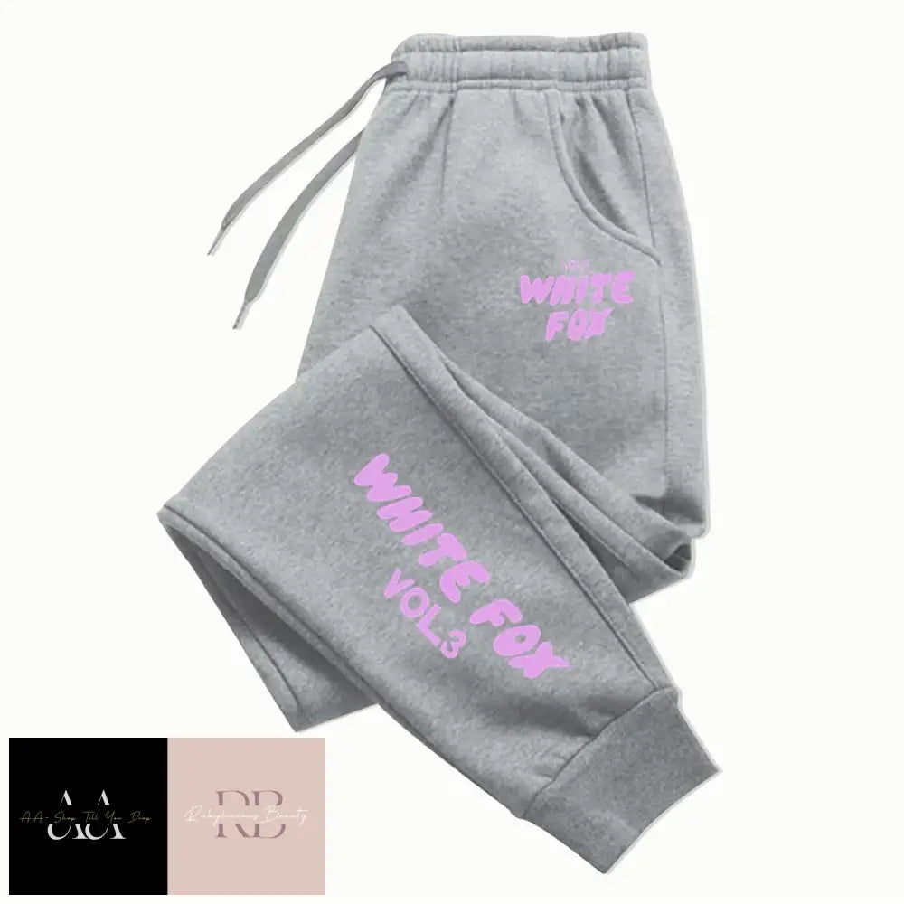 White Fox Women’s Tracksuit Bottoms- Purple Text Light Grey Bottoms