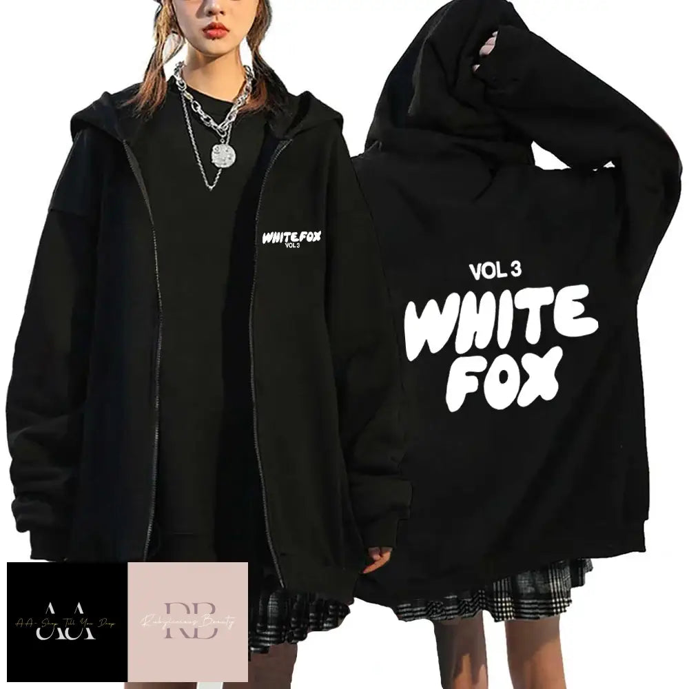 White Fox Women’s Zipper Hoodie - Text Black