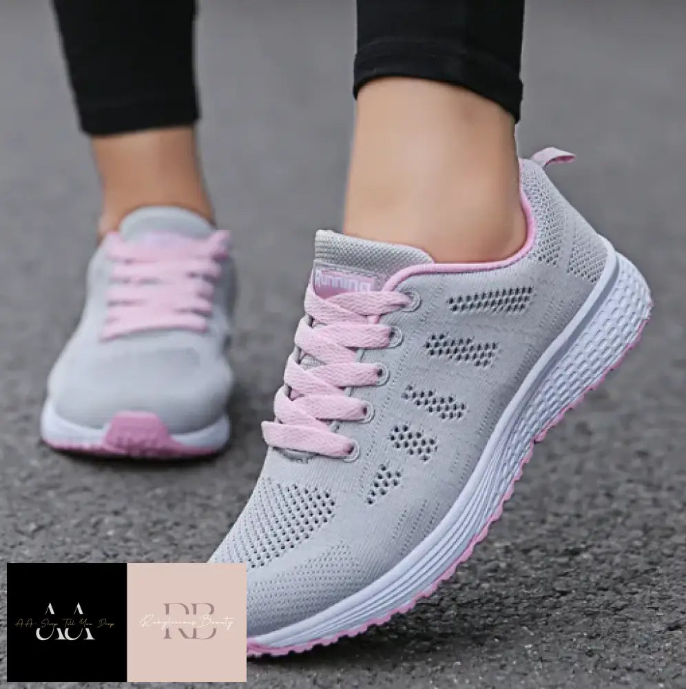 Women Casual Trainers Grey Pink & White